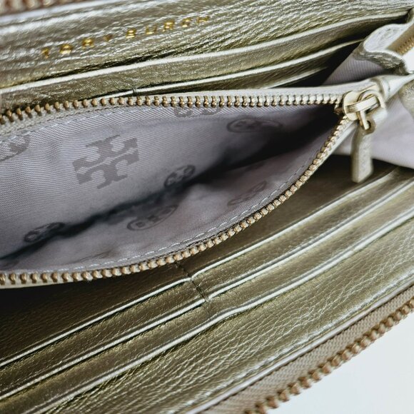 Tory Burch Wallet Thea Metallic Gold Continental Zip Around Medium Leather Logo - Picture 11 of 13